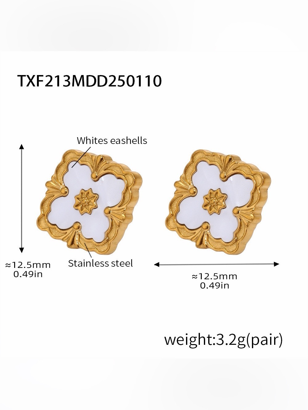 Gold & White Floral Statement Stud Earrings - Picture 3 of 10